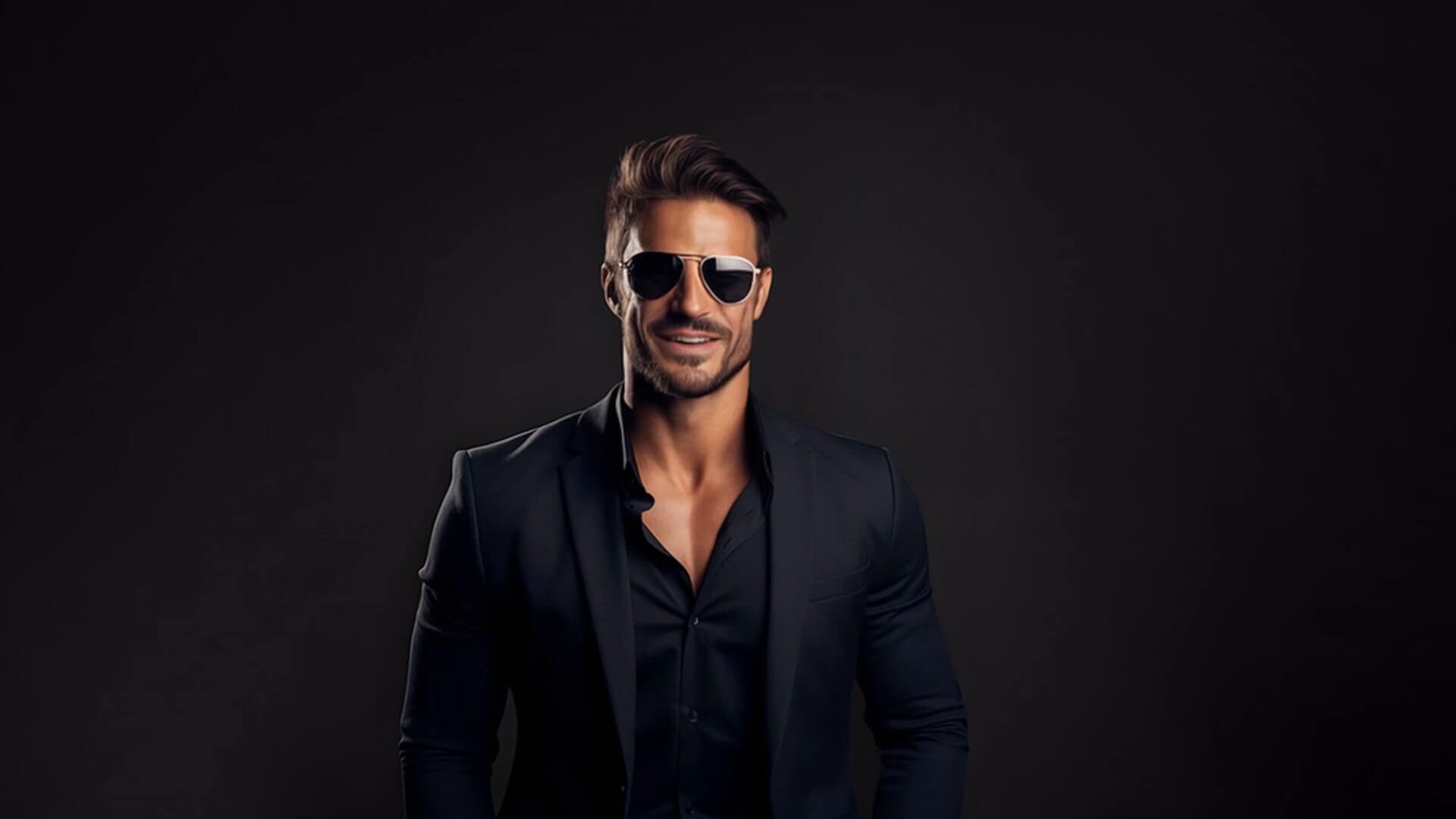 Man med stort leende, har svart kostym och solglasögon